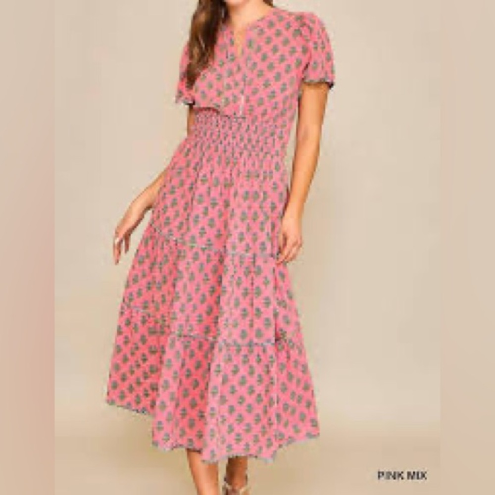 Umgee Pink Patterned Midi Dress